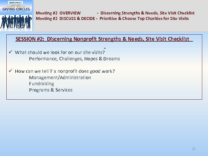Meeting #2 OVERVIEW - Discerning Strengths & Needs, Site Visit Checklist Meeting #2 DISCUSS
