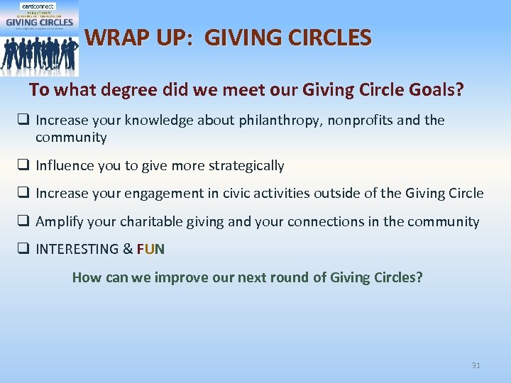 WRAP UP: GIVING CIRCLES To what degree did we meet our Giving Circle Goals?