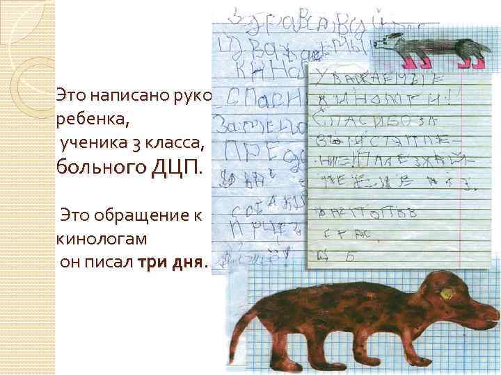 Это написано рукой ребенка, ученика 3 класса, больного ДЦП. Это обращение к кинологам он