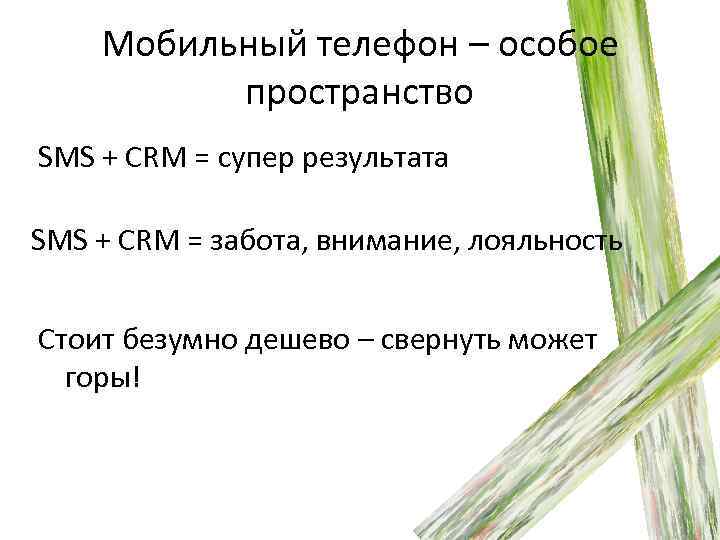 Мобильный телефон – особое пространство SMS + CRM = супер результата SMS + CRM