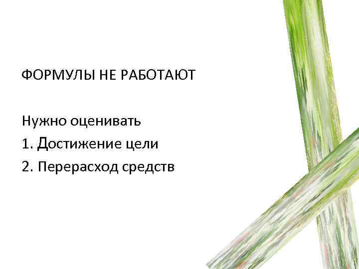 ФОРМУЛЫ НЕ РАБОТАЮТ Нужно оценивать 1. Достижение цели 2. Перерасход средств 