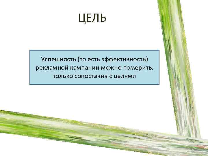 ЦЕЛЬ Успешность (то есть эффективность) рекламной кампании можно померить, только сопоставив с целями 