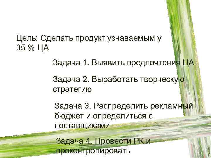 Цель: Сделать продукт узнаваемым у 35 % ЦА Задача 1. Выявить предпочтения ЦА Задача