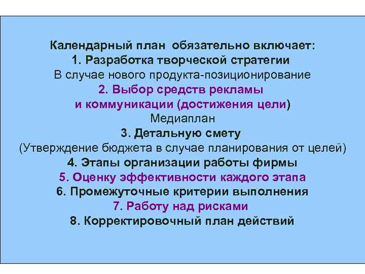 Календарный план обязательно включает: 1. Разработка творческой стратегии В случае нового продукта-позиционирование 2. Выбор