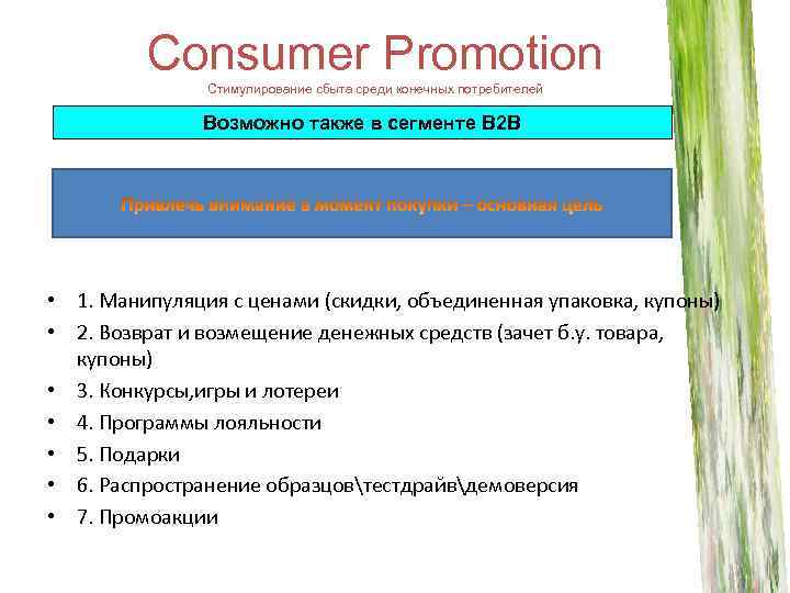 Consumer Promotion Стимулирование сбыта среди конечных потребителей Возможно также в сегменте B 2 B