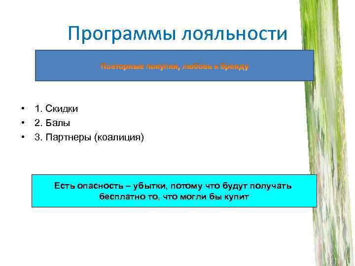 Программы лояльности • 1. Скидки • 2. Балы • 3. Партнеры (коалиция) Есть опасность