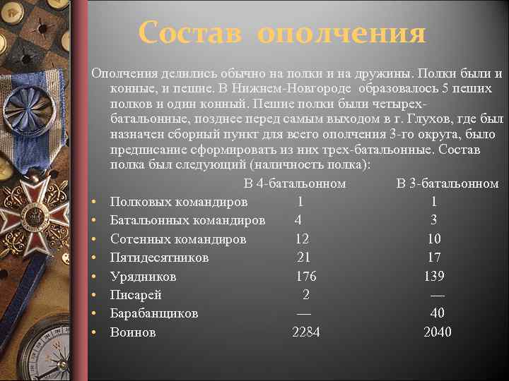 Состав ополчения Ополчения делились обычно на полки и на дружины. Полки были и конные,