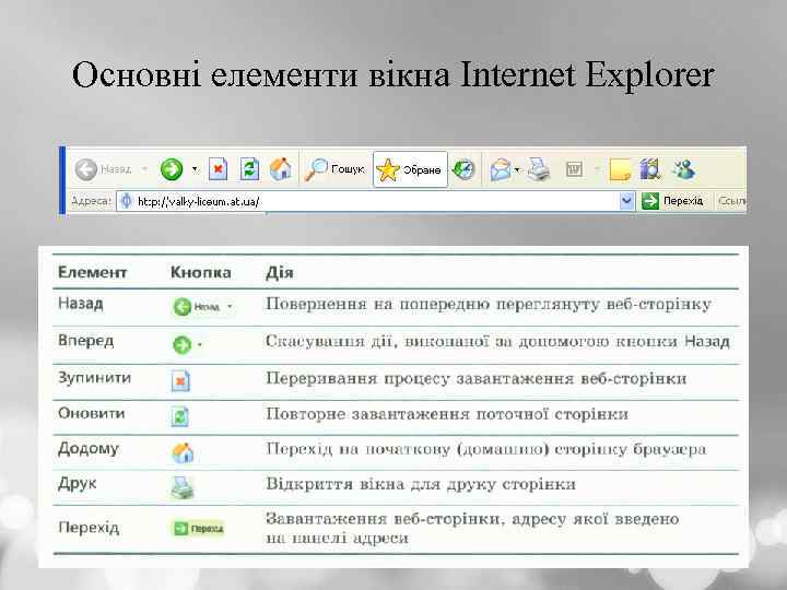 Основні елементи вікна Internet Explorer 