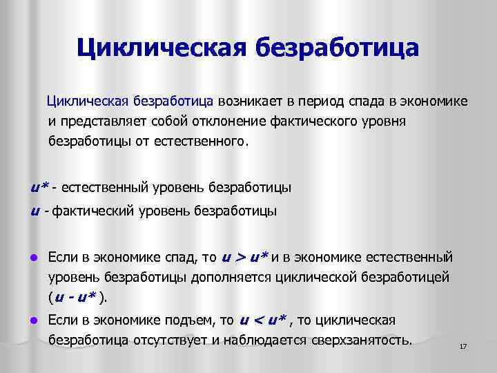 Циклическая безработица возникает в период спада в экономике и представляет собой отклонение фактического уровня
