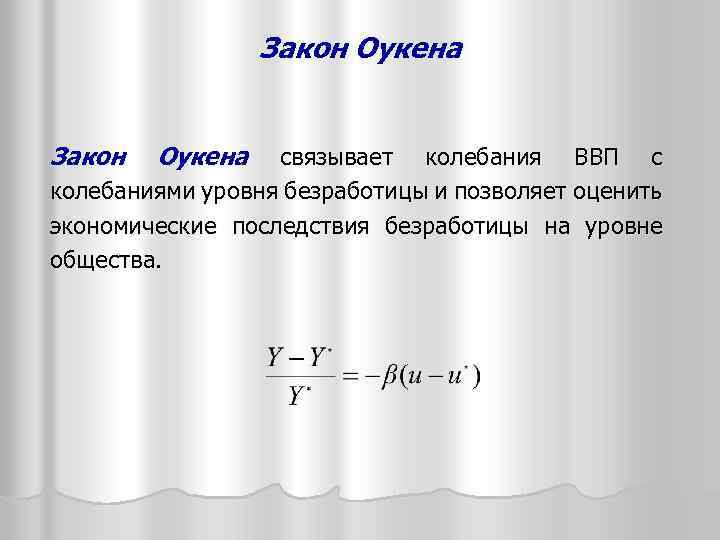 Закон Оукена связывает колебания ВВП с колебаниями уровня безработицы и позволяет оценить экономические последствия
