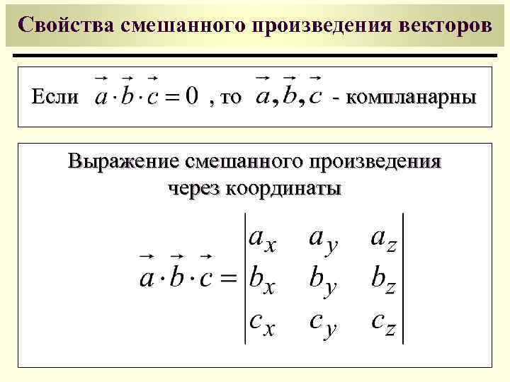Свойства смешанного произведения векторов Если , то - компланарны Выражение смешанного произведения через координаты