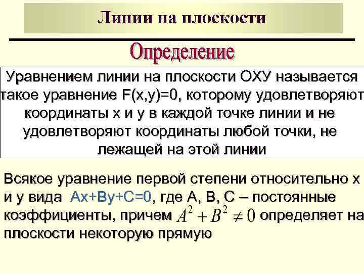 Линии на плоскости Уравнением линии на плоскости ОХУ называется такое уравнение F(x, y)=0, которому