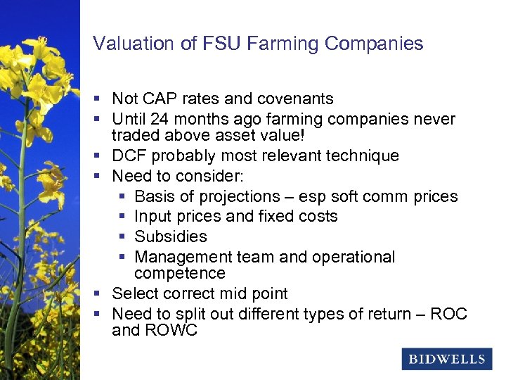 stewardship & prosperity Valuation of FSU Farming Companies § Not CAP rates and covenants