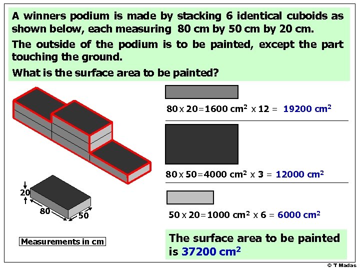 A winners podium is made by stacking 6 identical cuboids as shown below, each