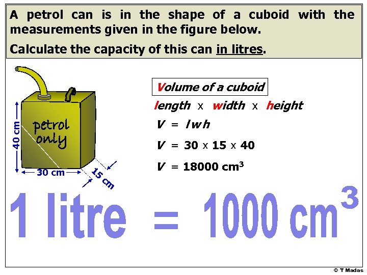 A petrol can is in the shape of a cuboid with the measurements given