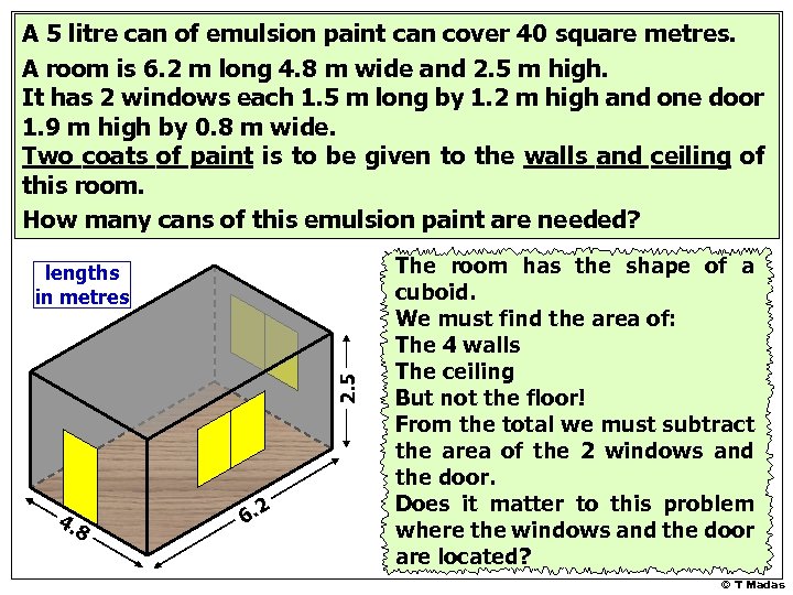 A 5 litre can of emulsion paint can cover 40 square metres. A room