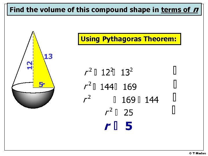 Find the volume of this compound shape in terms of π Using Pythagoras Theorem: