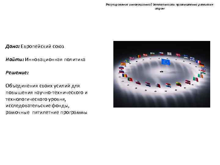 Регулирование инновационной деятельности промышленно развитых стран Дано: Европейский союз Найти: Инновационная политика Решение: Объединения