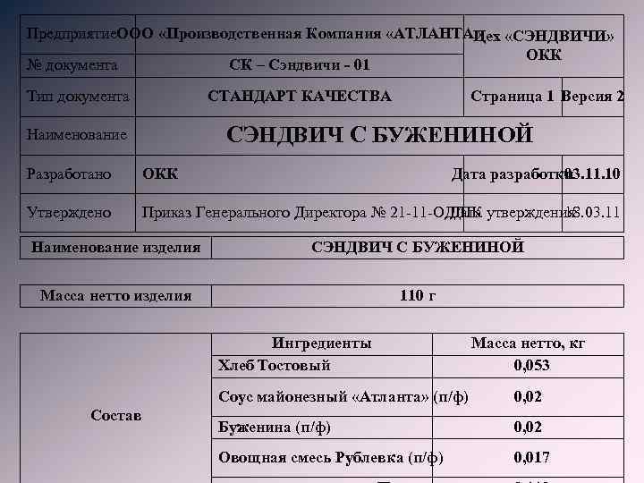 Предприятие. ООО «Производственная Компания «АТЛАНТА» «СЭНДВИЧИ» Цех ОКК № документа СК – Сэндвичи -