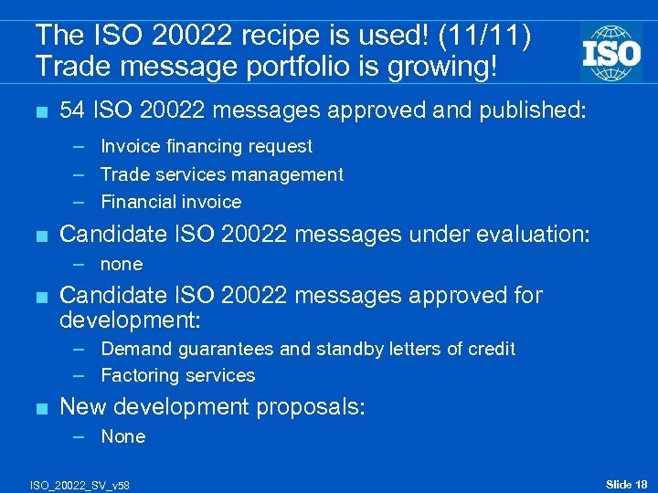 The ISO 20022 recipe is used! (11/11) Trade message portfolio is growing! < 54