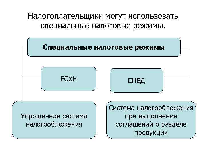 Налогоплательщики могут использовать специальные налоговые режимы. Специальные налоговые режимы ЕСХН Упрощенная система налогообложения ЕНВД