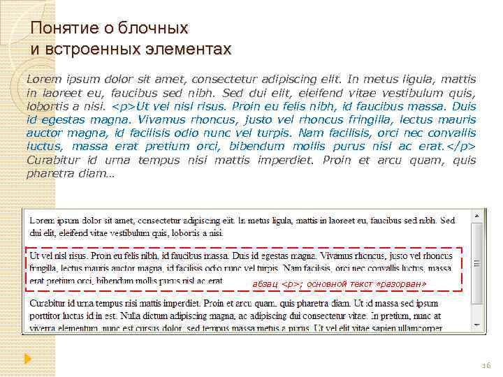 Понятие о блочных и встроенных элементах Lorem ipsum dolor sit amet, consectetur adipiscing elit.
