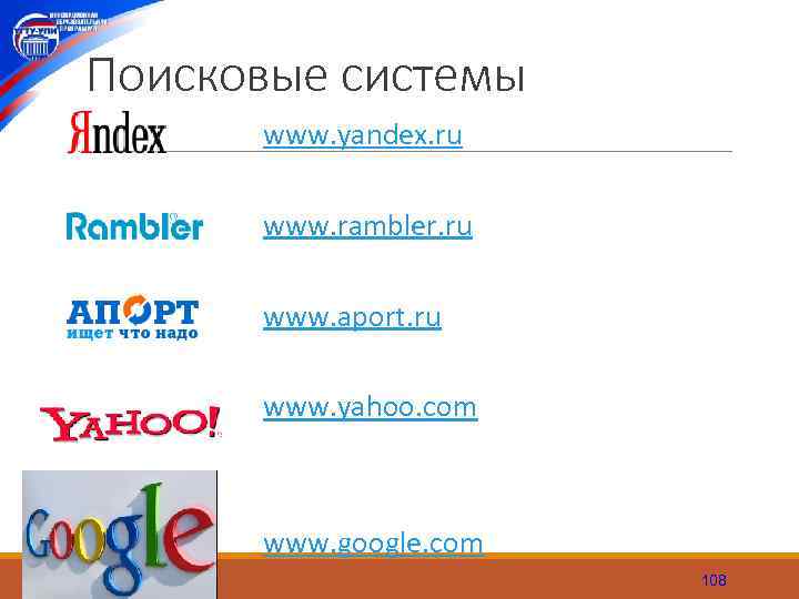 Поисковые системы www. yandex. ru www. rambler. ru www. aport. ru www. yahoo. com