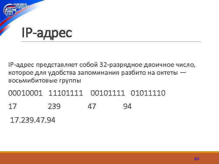 IР-адрес IP адрес представляет собой 32 разрядное двоичное число, которое для удобства запоминания разбито