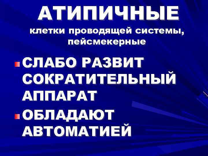 АТИПИЧНЫЕ клетки проводящей системы, пейсмекерные СЛАБО РАЗВИТ СОКРАТИТЕЛЬНЫЙ АППАРАТ ОБЛАДАЮТ АВТОМАТИЕЙ 