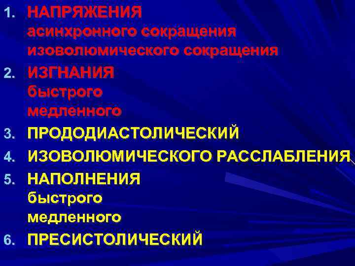1. НАПРЯЖЕНИЯ 2. 3. 4. 5. 6. асинхронного сокращения изоволюмического сокращения ИЗГНАНИЯ быстрого медленного
