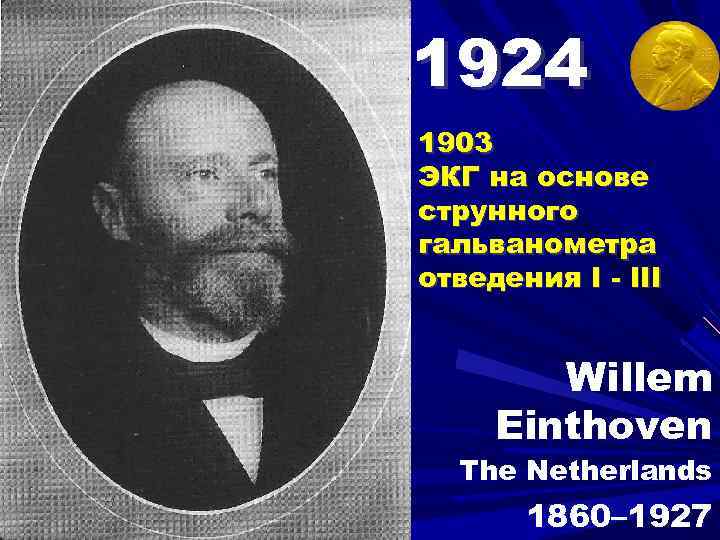 1924 1903 ЭКГ на основе струнного гальванометра отведения I - III Willem Einthoven The