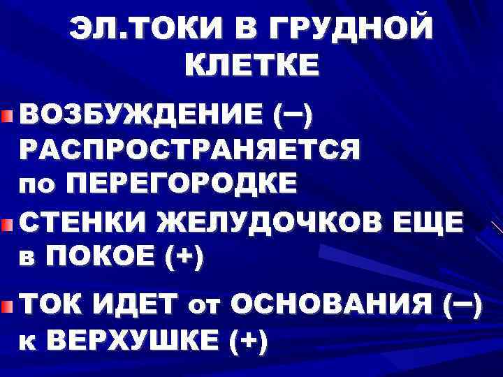 ЭЛ. ТОКИ В ГРУДНОЙ КЛЕТКЕ ВОЗБУЖДЕНИЕ (–) РАСПРОСТРАНЯЕТСЯ по ПЕРЕГОРОДКЕ СТЕНКИ ЖЕЛУДОЧКОВ ЕЩЕ в
