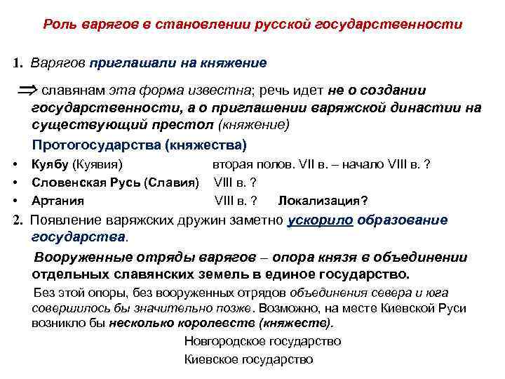 Роль варягов в становлении русской государственности 1. Варягов приглашали на княжение славянам эта форма
