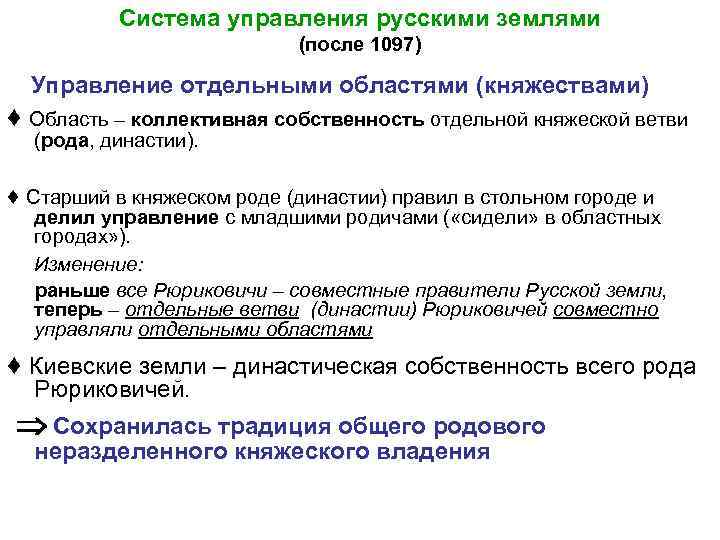 Система управления русскими землями (после 1097) Управление отдельными областями (княжествами) ♦ Область – коллективная