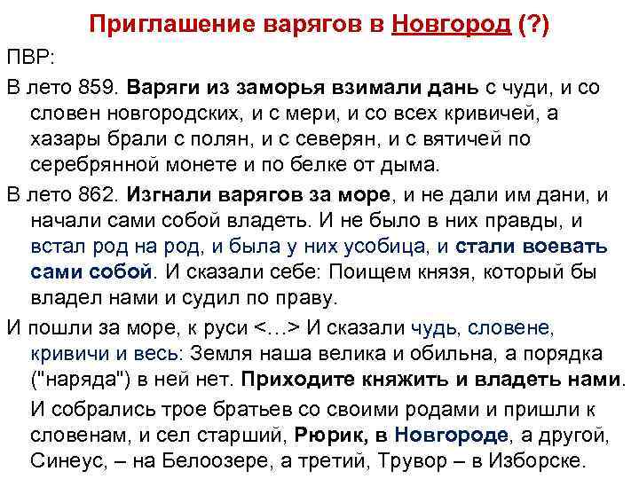 Приглашение варягов в Новгород (? ) ПВР: В лето 859. Варяги из заморья взимали