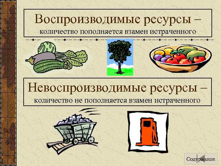 Воспроизводимые ресурсы – количество пополняется взамен истраченного Невоспроизводимые ресурсы – количество не пополняется взамен