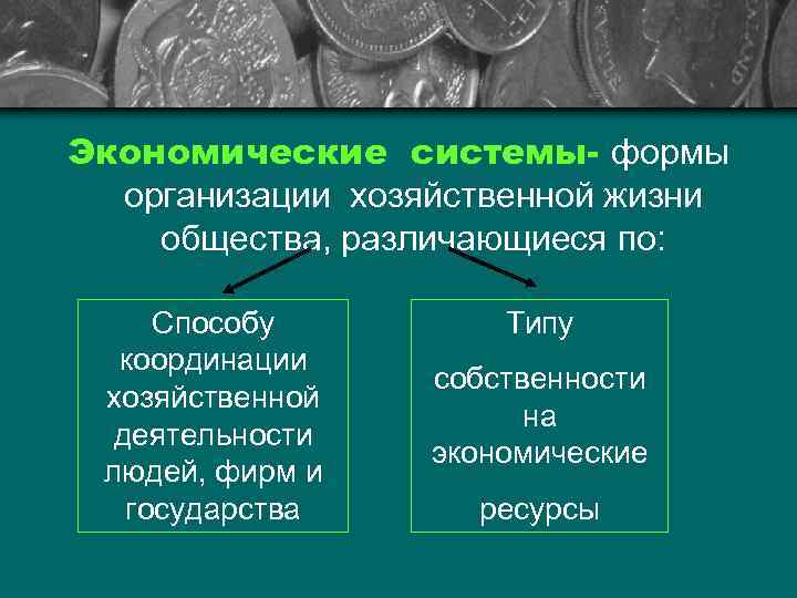 Экономические системы- формы организации хозяйственной жизни общества, различающиеся по: Способу координации хозяйственной деятельности людей,