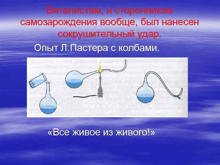 Виталистам, и сторонникам самозарождения вообще, был нанесен сокрушительный удар. Опыт Л. Пастера с колбами.