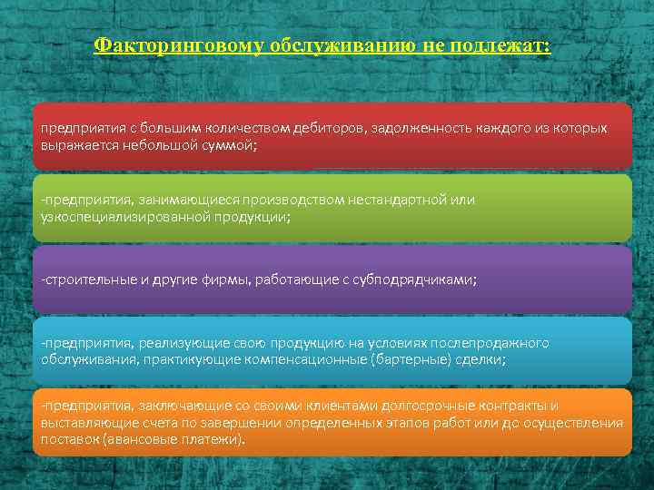 Факторинговому обслуживанию не подлежат: предприятия с большим количеством дебиторов, задолженность каждого из которых выражается