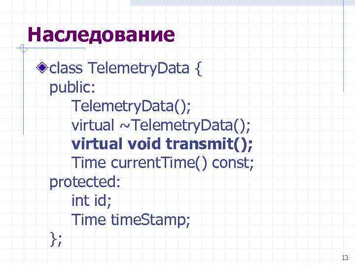 Наследование class Telemetry. Data { public: Telemetry. Data(); virtual ~Telemetry. Data(); virtual void transmit();