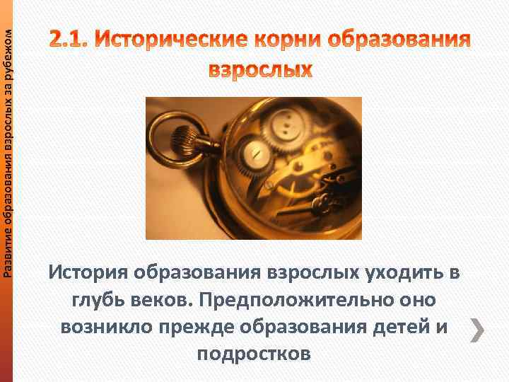 Развитие образования взрослых за рубежом История образования взрослых уходить в глубь веков. Предположительно оно