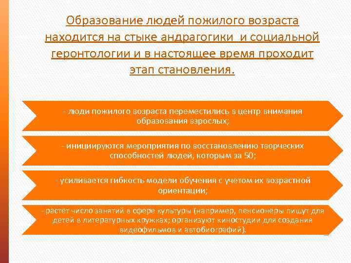 Образование людей пожилого возраста находится на стыке андрагогики и социальной геронтологии и в настоящее