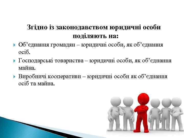  Згідно із законодавством юридичні особи поділяють на: Об’єднання громадян – юридичні особи, як