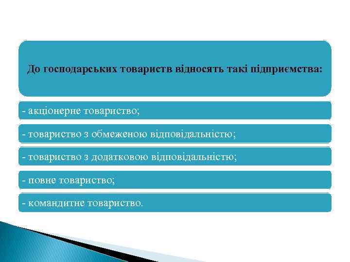 До господарських товариств відносять такі підприємства: - акціонерне товариство; - товариство з обмеженою відповідальністю;