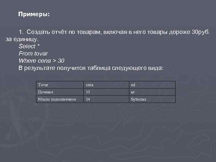 Примеры: 1. Создать отчёт по товарам, включая в него товары дороже 30 руб. за