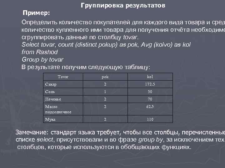 Группировка результатов Пример: Определить количество покупателей для каждого вида товара и сред количество купленного