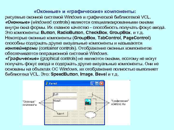  «Оконные» и «графические» компоненты: рисуемые оконной системой Windows и графической библиотекой VCL. «Оконные»