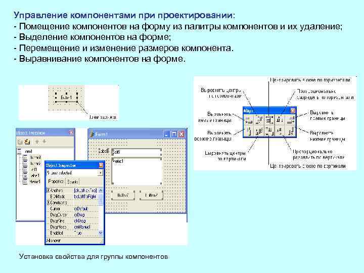 Управление компонентами проектировании: Помещение компонентов на форму из палитры компонентов и их удаление; Выделение