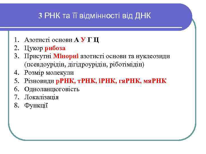 3 РНК та її відмінності від ДНК 1. Азотисті основи А У Г Ц