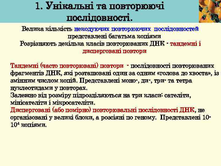 1. Унікальні та повторюючі послідовності Велика кількість некодуючих повторюючих послідовностей представлені багатьма копіями Розрізняють